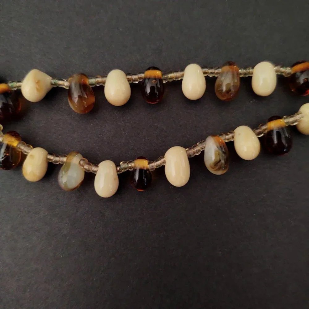 Honey, amber, beige, cream and cognac glass beaded necklace w/seed bead …